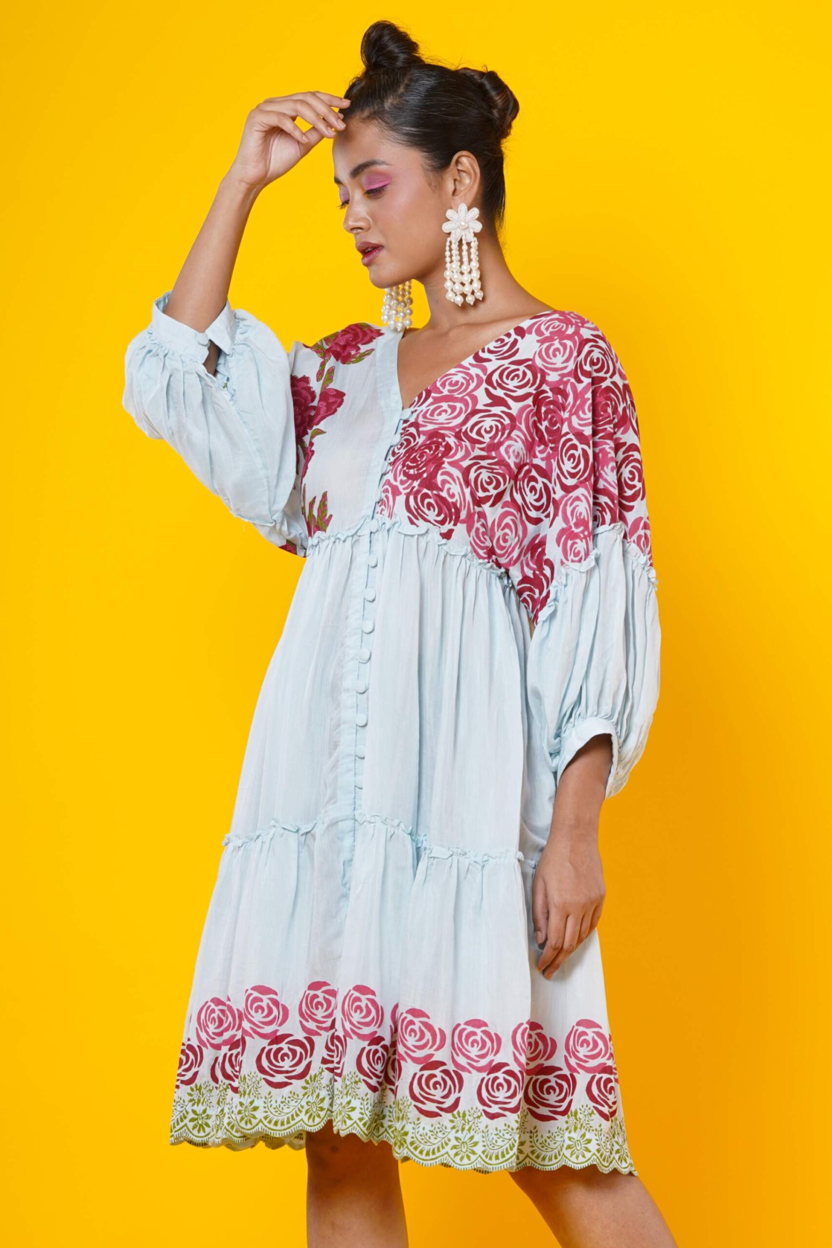 “Women Block Printed Muslin   Midi Dress with Rose motifs “