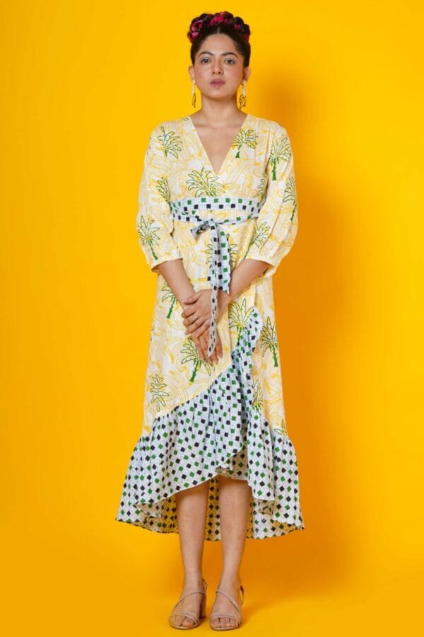 Women Block Print Tropical Summer wrap Dress - Image 3