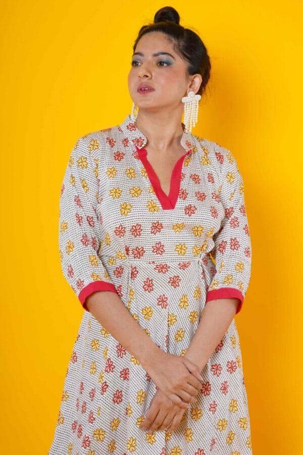 Women Block Printed Cotton Midi Dress in Fuchsia and Yellow - Image 3