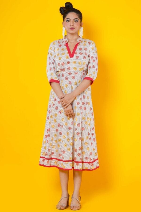 Women Block Printed Cotton Midi Dress in Fuchsia and Yellow - Image 4