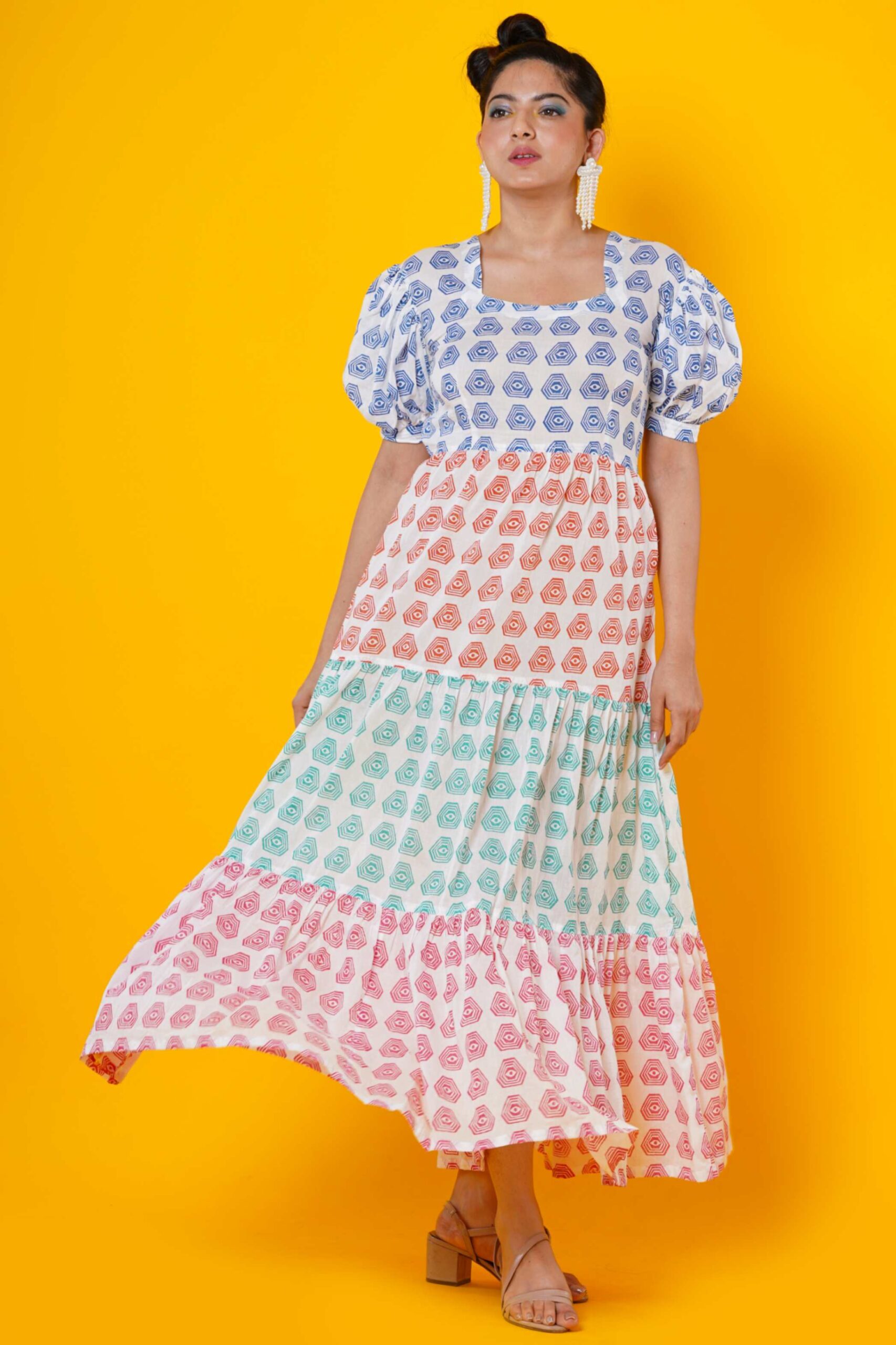 Women Block Printed  Cotton Midi Dress with Puff Sleeves