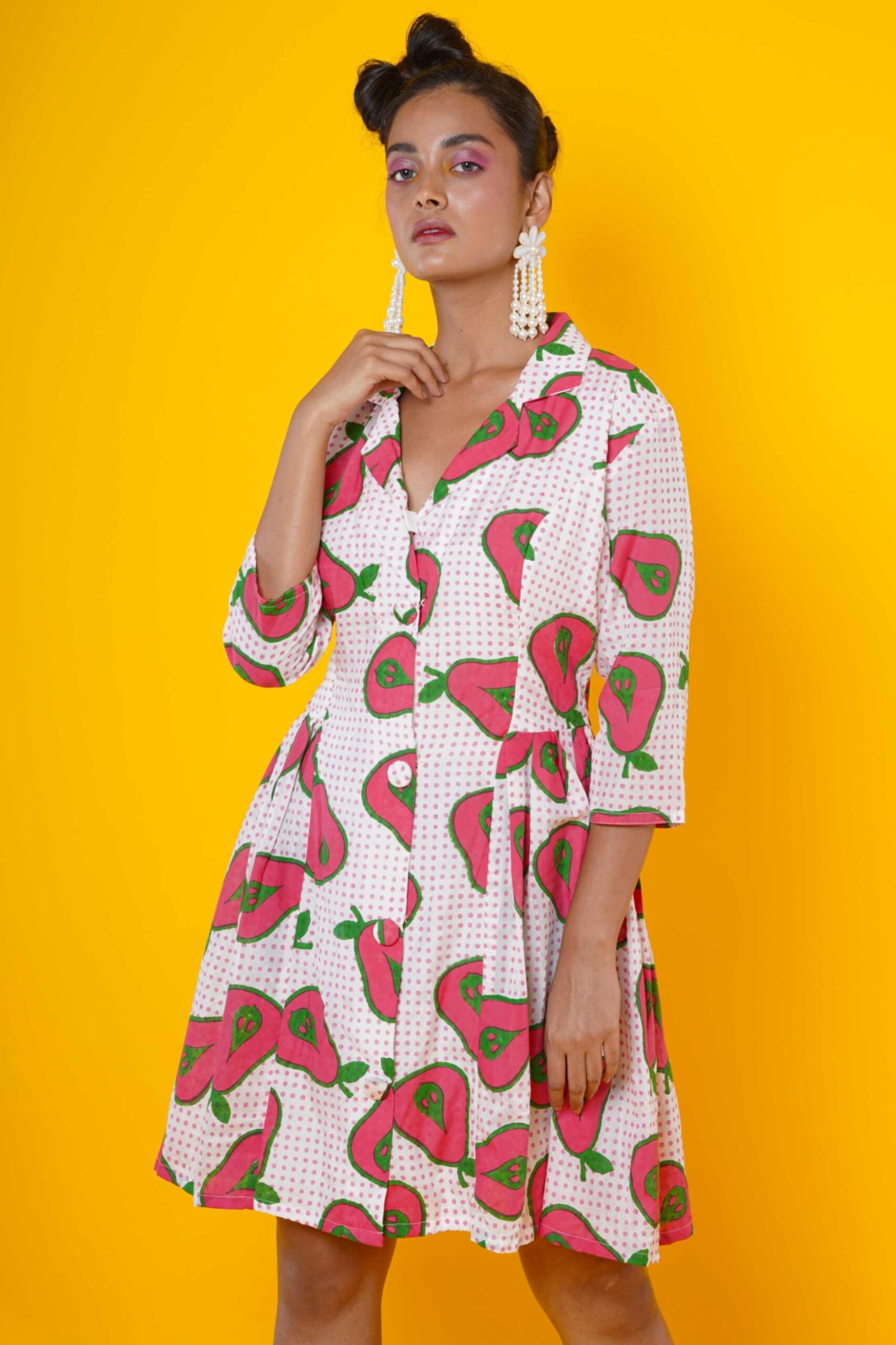 “Women Block Print  Muslin Midi Dress with pear motifs “