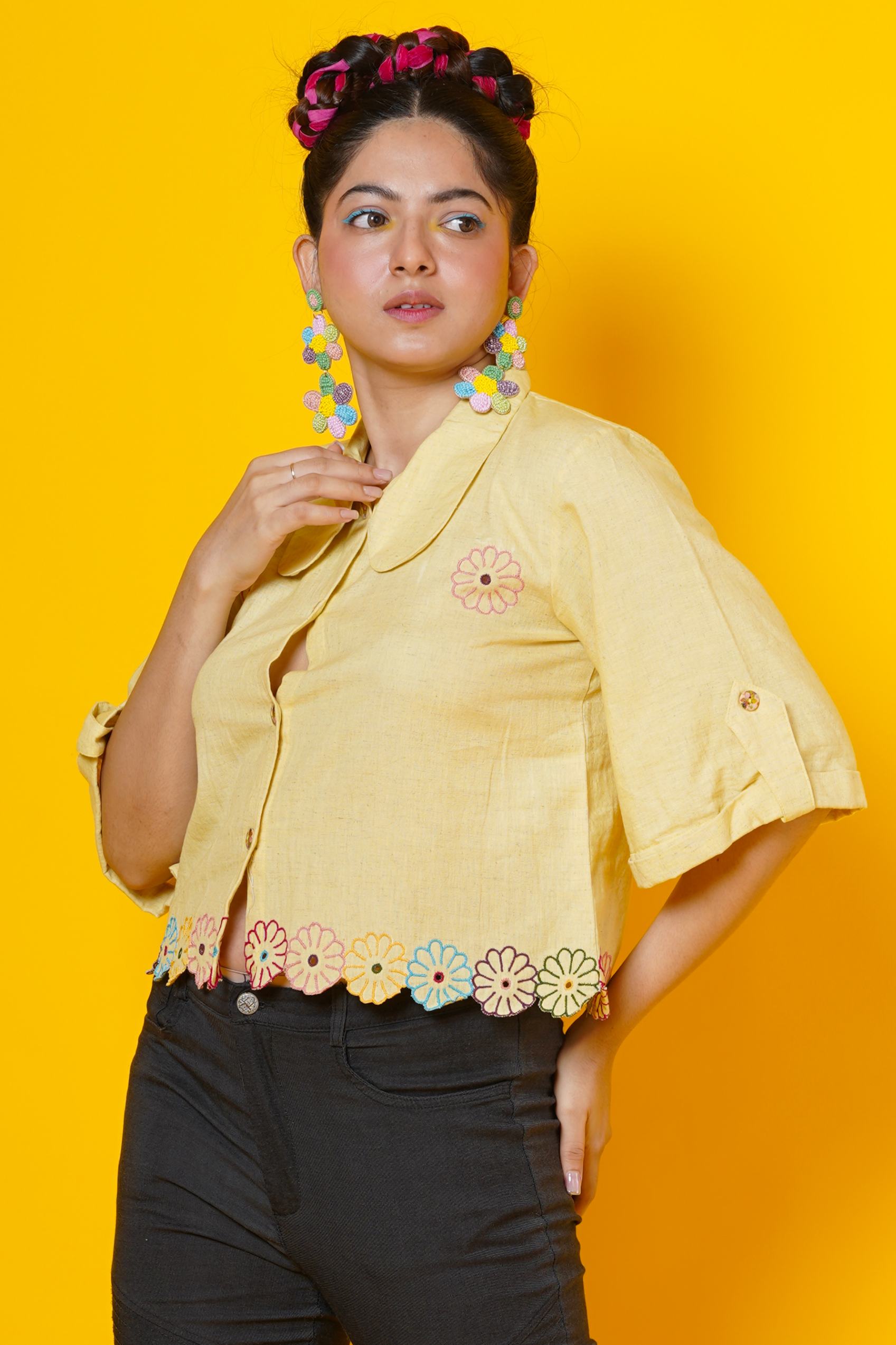 Yellow Floral Hand Embroidered Cut Work Blouse
