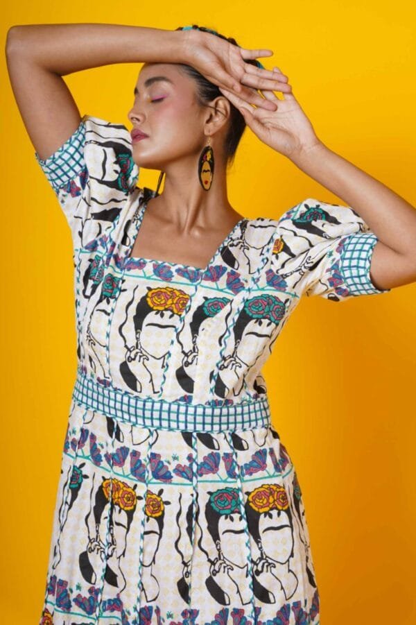 Women Block Printed Frida Kahlo Cotton Maxi Dress in Blue and Green - Image 3