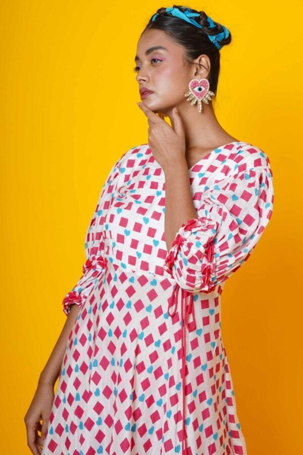 Women Block Printed  Cotton Midi Dress in Pink and Sky - Image 3