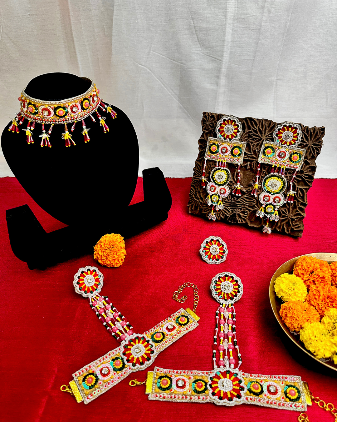 Shagun (Red Yellow) – Neckpiece, Earrings, Hathphool and Ring