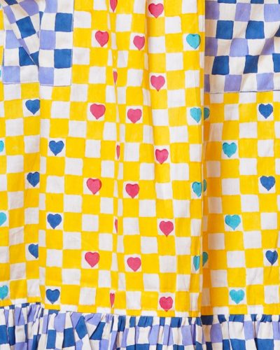 Blue and yellowe block print womens dress in polka hearts 3