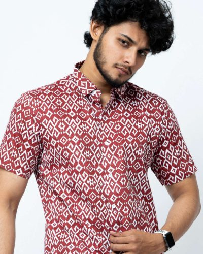 Maroon Ikkat Print Regular Fit Cotton Shirt 3